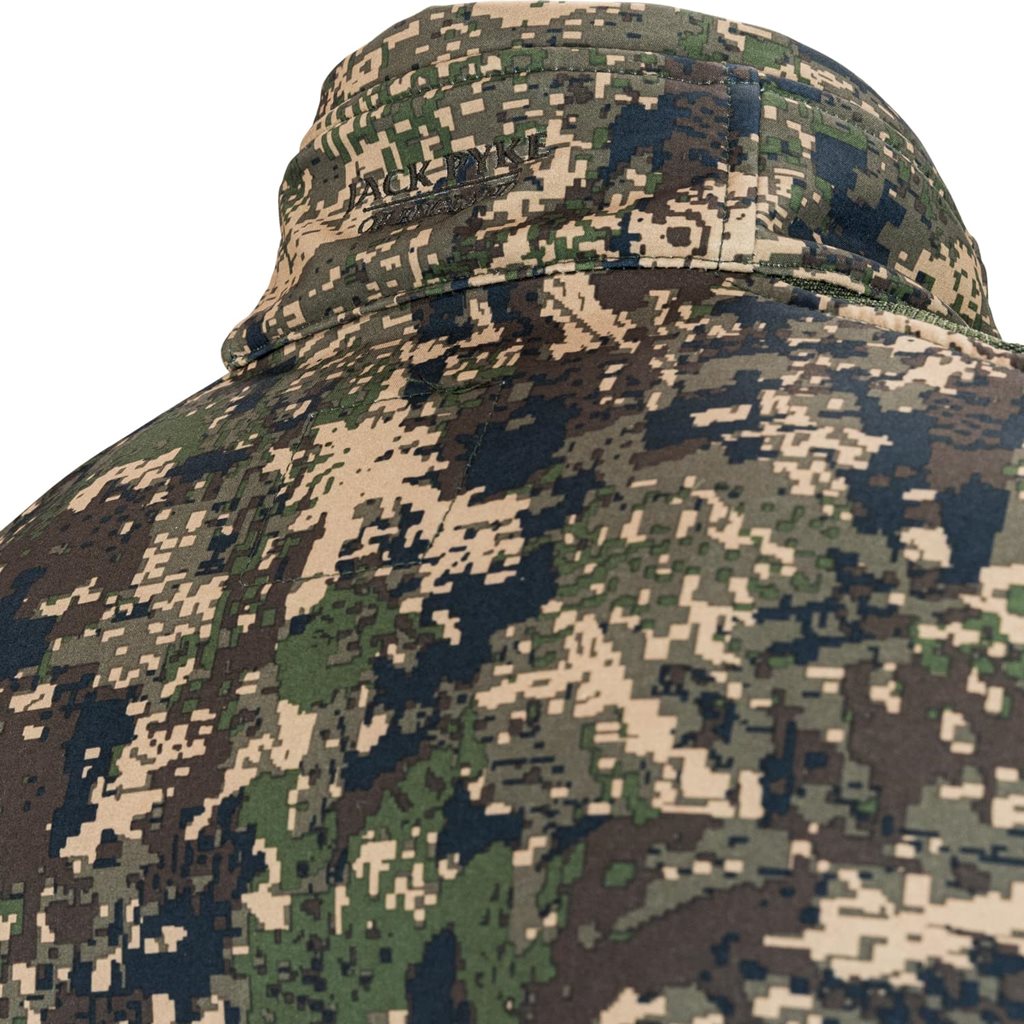 Chaqueta softshell DIGICAM en camuflaje, vista frontal con cierre central y tres bolsillos