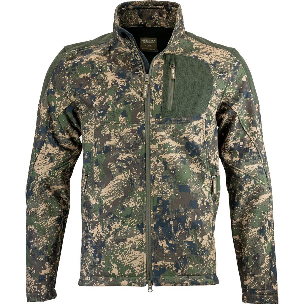 Chaqueta softshell DIGICAM en camuflaje, vista frontal con cierre central y tres bolsillos