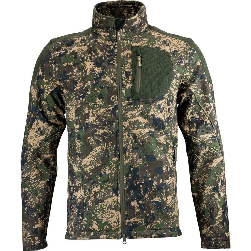 Chaqueta softshell DIGICAM en camuflaje, vista frontal con cierre central y tres bolsillos