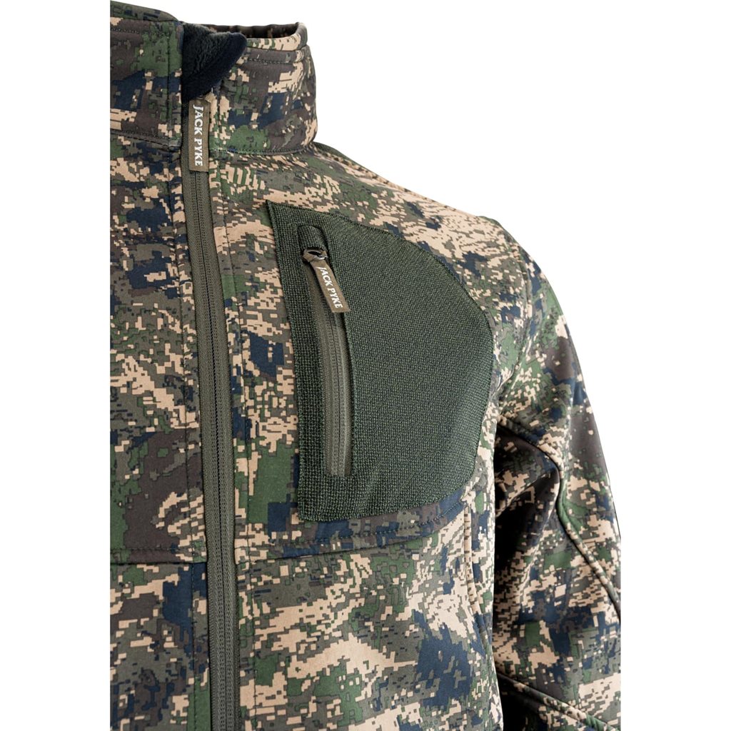 Chaqueta softshell DIGICAM en camuflaje, vista frontal con cierre central y tres bolsillos