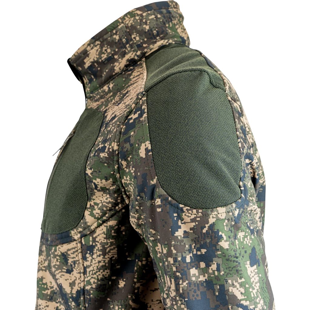 Chaqueta softshell DIGICAM en camuflaje, vista frontal con cierre central y tres bolsillos