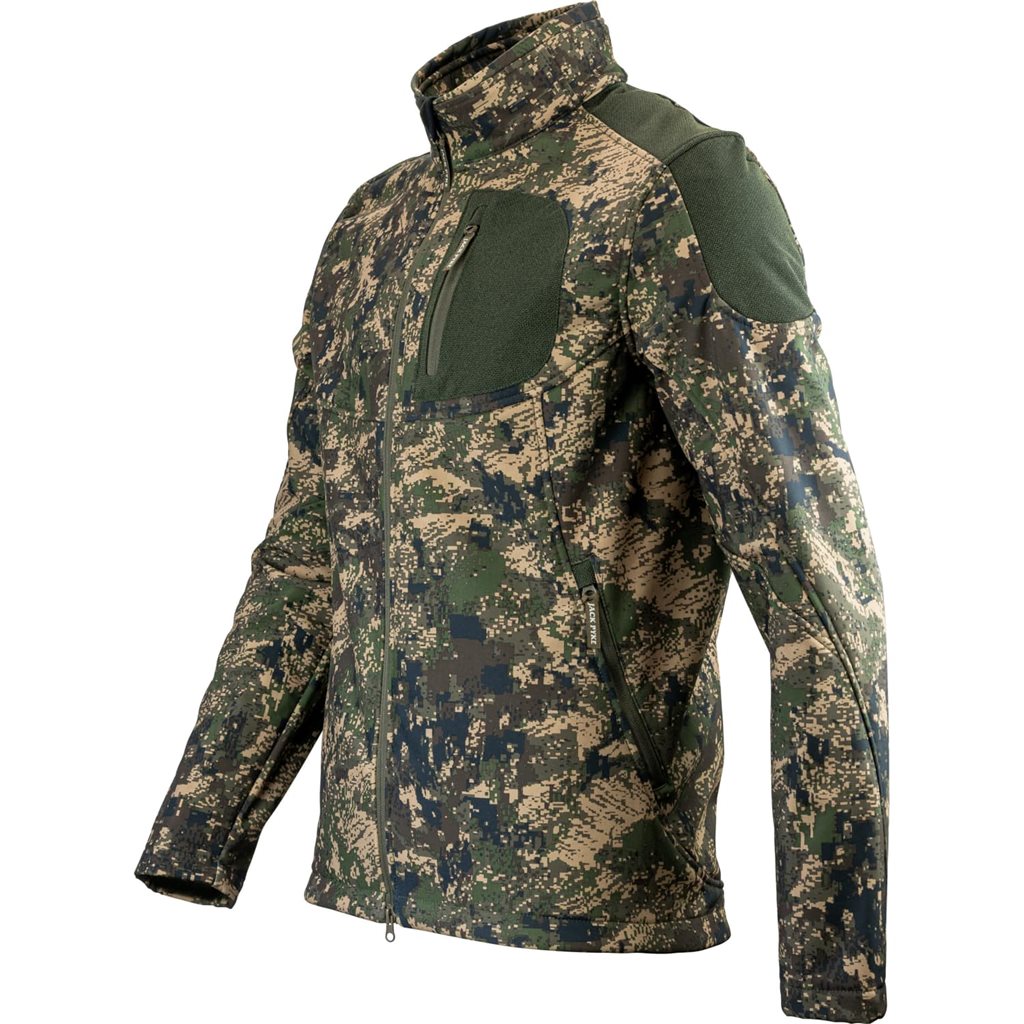 Chaqueta softshell DIGICAM en camuflaje, vista frontal con cierre central y tres bolsillos