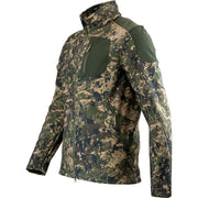 Chaqueta softshell DIGICAM en camuflaje, vista frontal con cierre central y tres bolsillos