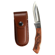 Navaja plegable SHIRES con motivo de pez y funda de cuero, mango palisandro, hoja acero inoxidable