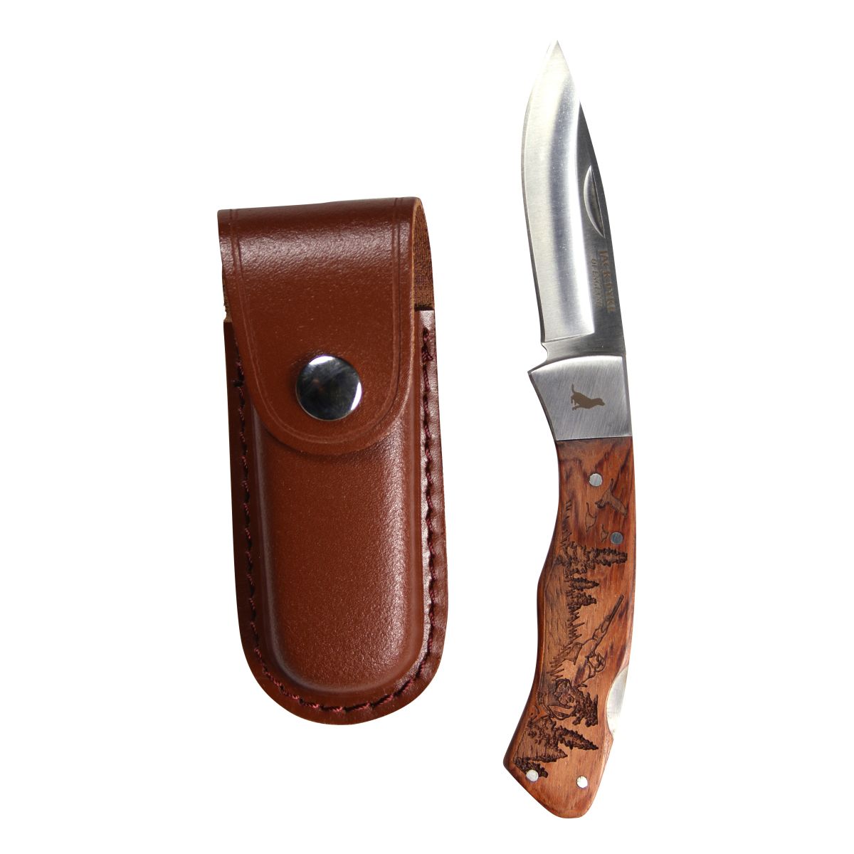 Navaja SHIRES HUNTER con funda de cuero, hoja lisa y cachas de palisandro con motivo de cazador y perro