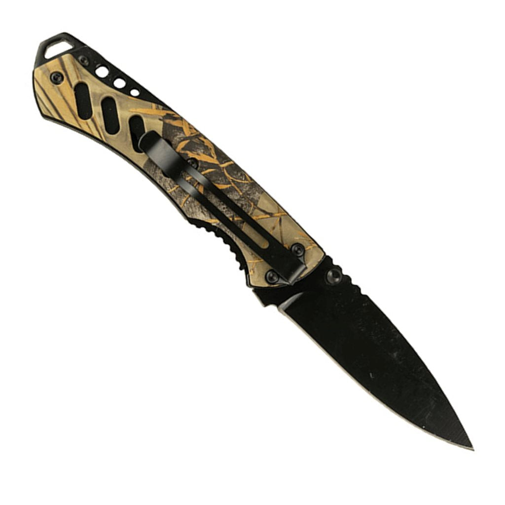 Navaja plegable de caza SPORTER 3" con hoja lisa y negra, con funda