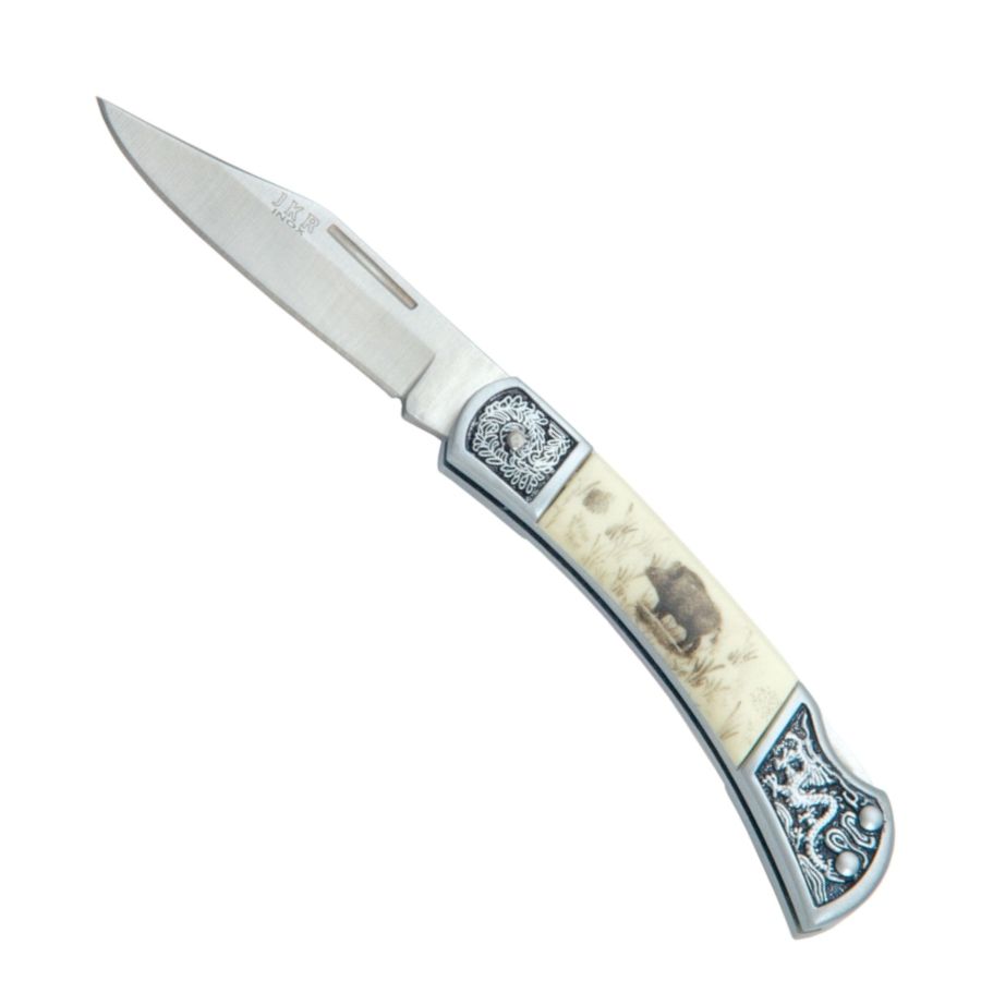 Cuchillo plegable decorativo con motivo de jabalí y adornos metálicos, 15 cm