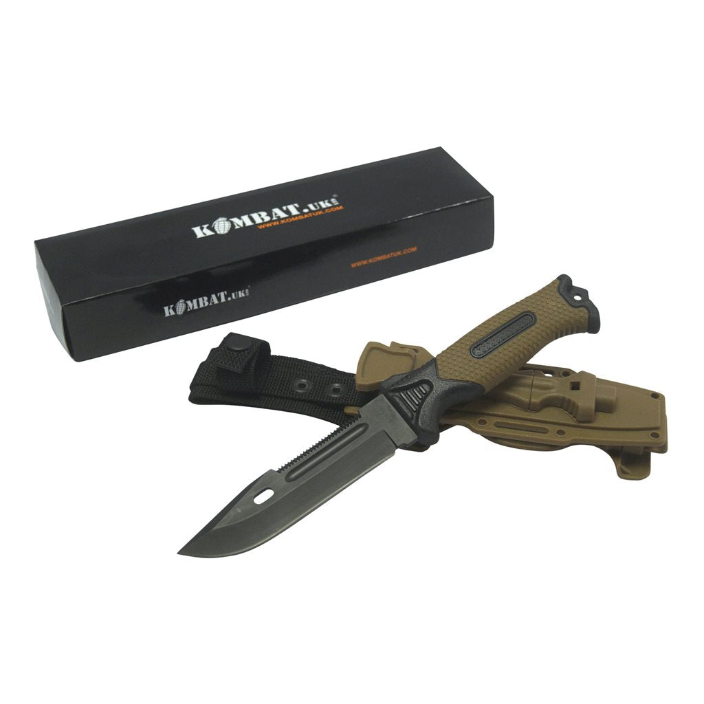 Cuchillo de hoja fija ADVENTURE BUSHCRAFT con funda de plástico, křesadlo integrado y silbato de emergencia