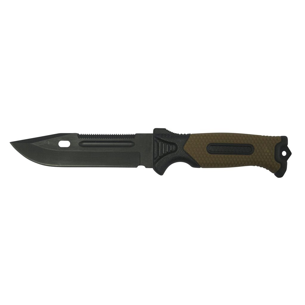 Cuchillo de hoja fija ADVENTURE BUSHCRAFT con funda de plástico, křesadlo integrado y silbato de emergencia
