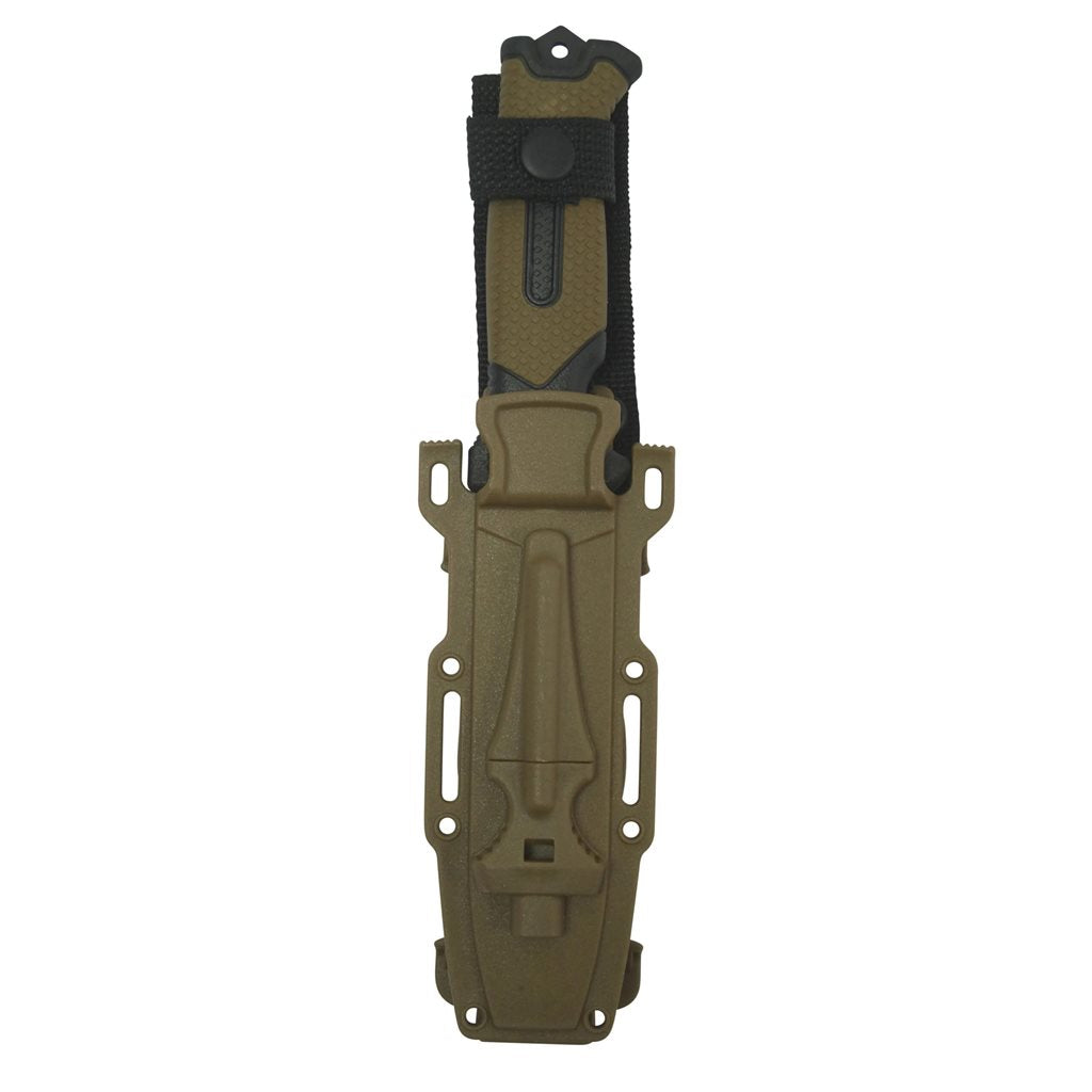 Cuchillo de hoja fija ADVENTURE BUSHCRAFT con funda de plástico, křesadlo integrado y silbato de emergencia
