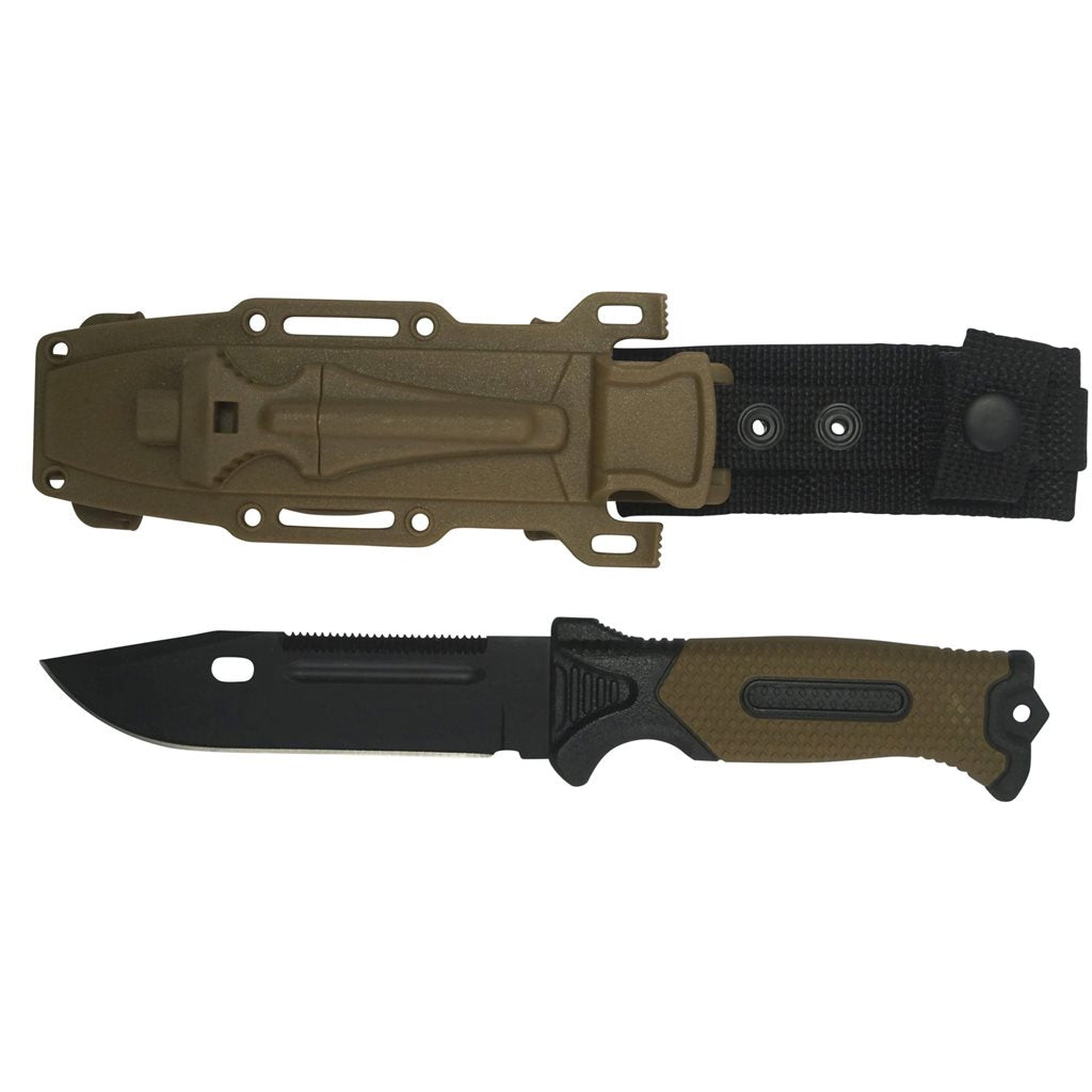 Cuchillo de hoja fija ADVENTURE BUSHCRAFT con funda de plástico, křesadlo integrado y silbato de emergencia