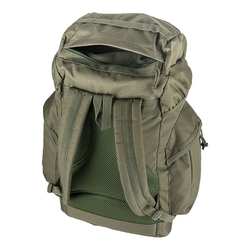 Mochila Bushcraft 25L verde con correas acolchadas, bolsillos laterales y cierre FASTEX