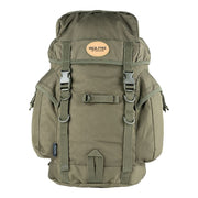 Mochila Bushcraft 25L verde con correas acolchadas, bolsillos laterales y cierre FASTEX