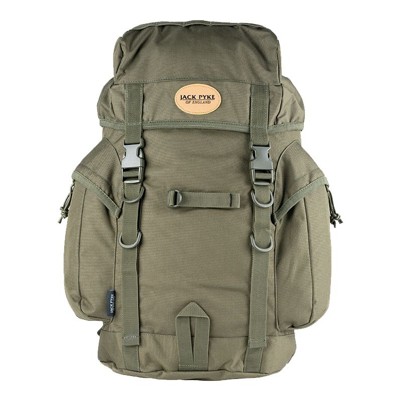 Mochila Bushcraft 25L verde con correas acolchadas, bolsillos laterales y cierre FASTEX