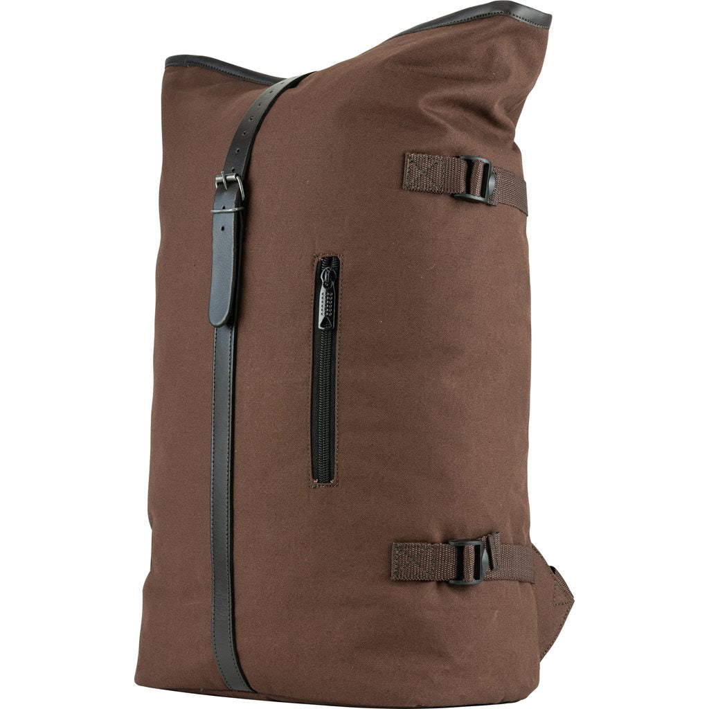 Mochila Fold Top de lona marrón con cierre superior plegable, vista frontal