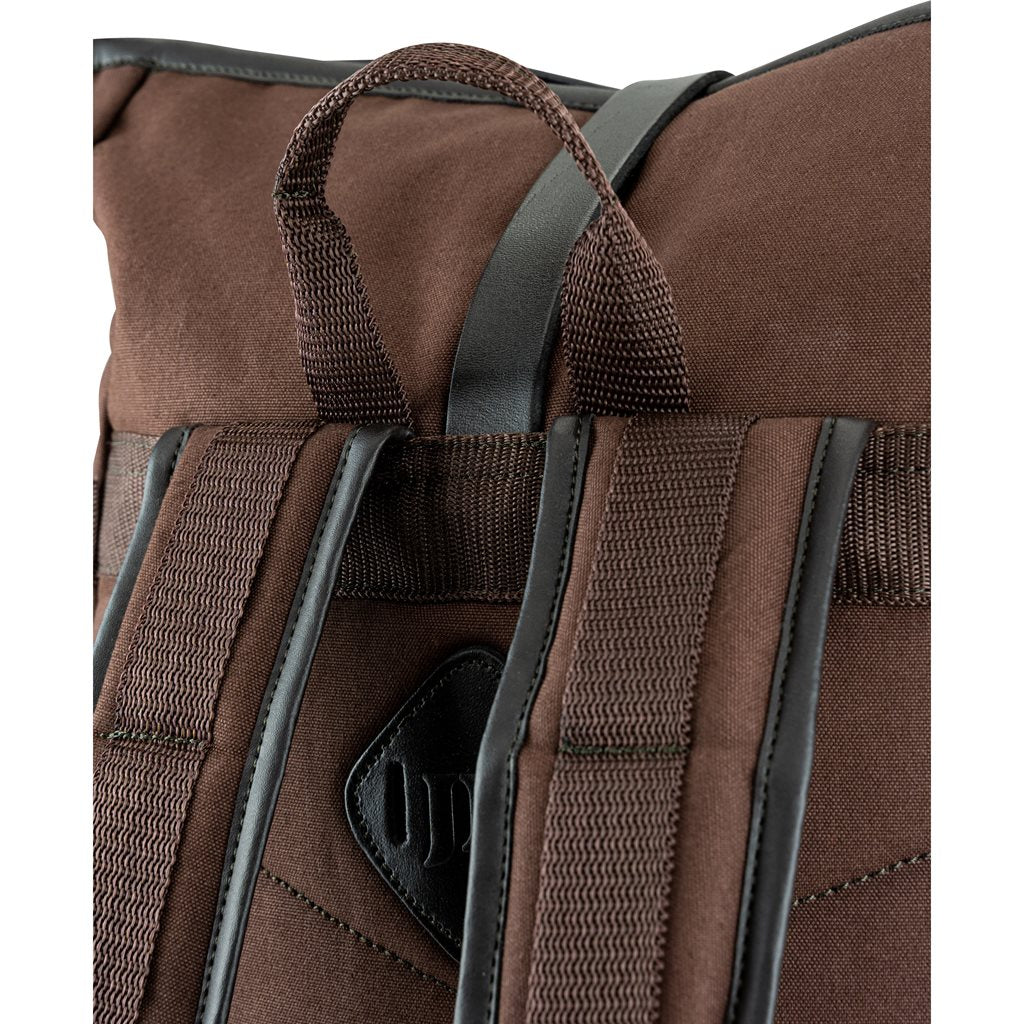 Mochila Fold Top de lona marrón con cierre superior plegable, vista frontal