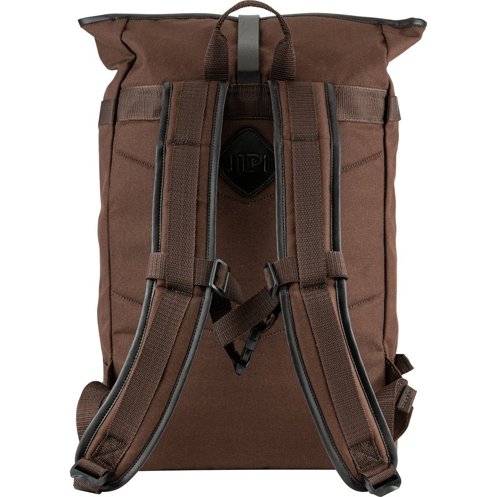 Mochila Fold Top de lona marrón con cierre superior plegable, vista frontal