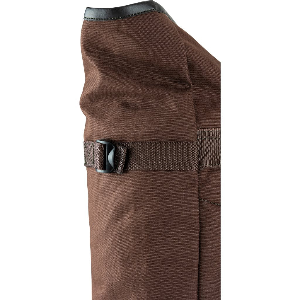 Mochila Fold Top de lona marrón con cierre superior plegable, vista frontal