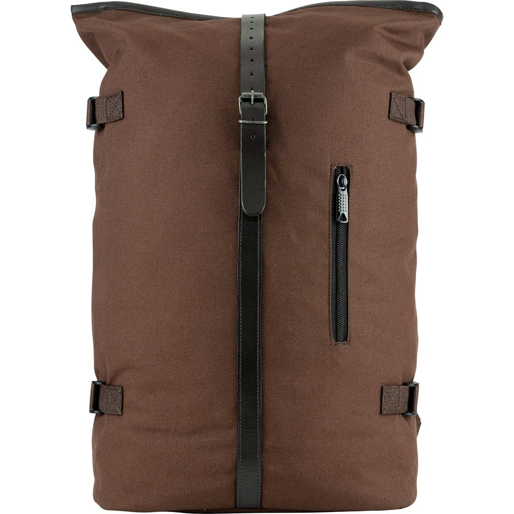 Mochila Fold Top de lona marrón con cierre superior plegable, vista frontal