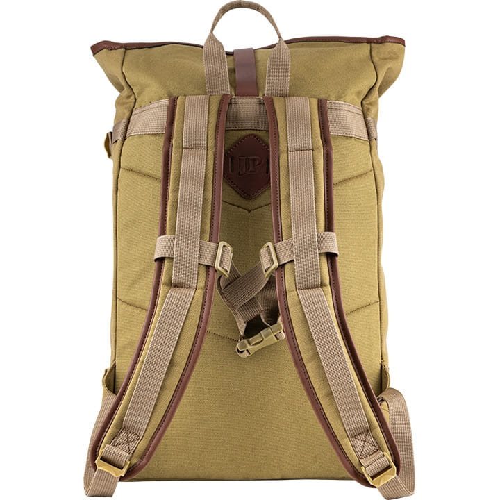 Mochila Fold Top de lona marrón con cierre superior plegable, vista frontal