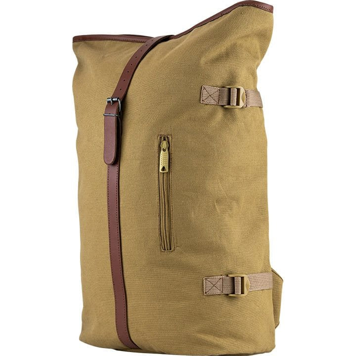 Mochila Fold Top de lona marrón con cierre superior plegable, vista frontal