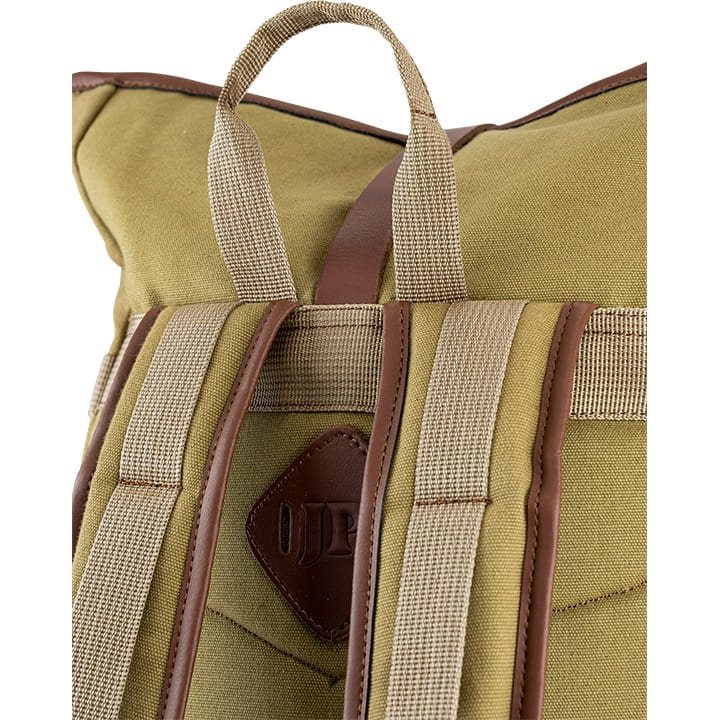 Mochila Fold Top de lona marrón con cierre superior plegable, vista frontal
