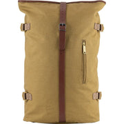 Mochila Fold Top de lona marrón con cierre superior plegable, vista frontal