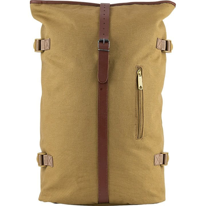 Mochila Fold Top de lona marrón con cierre superior plegable, vista frontal
