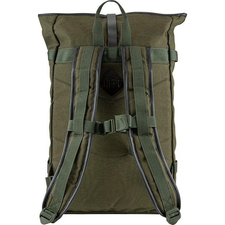 Mochila Fold Top de lona marrón con cierre superior plegable, vista frontal