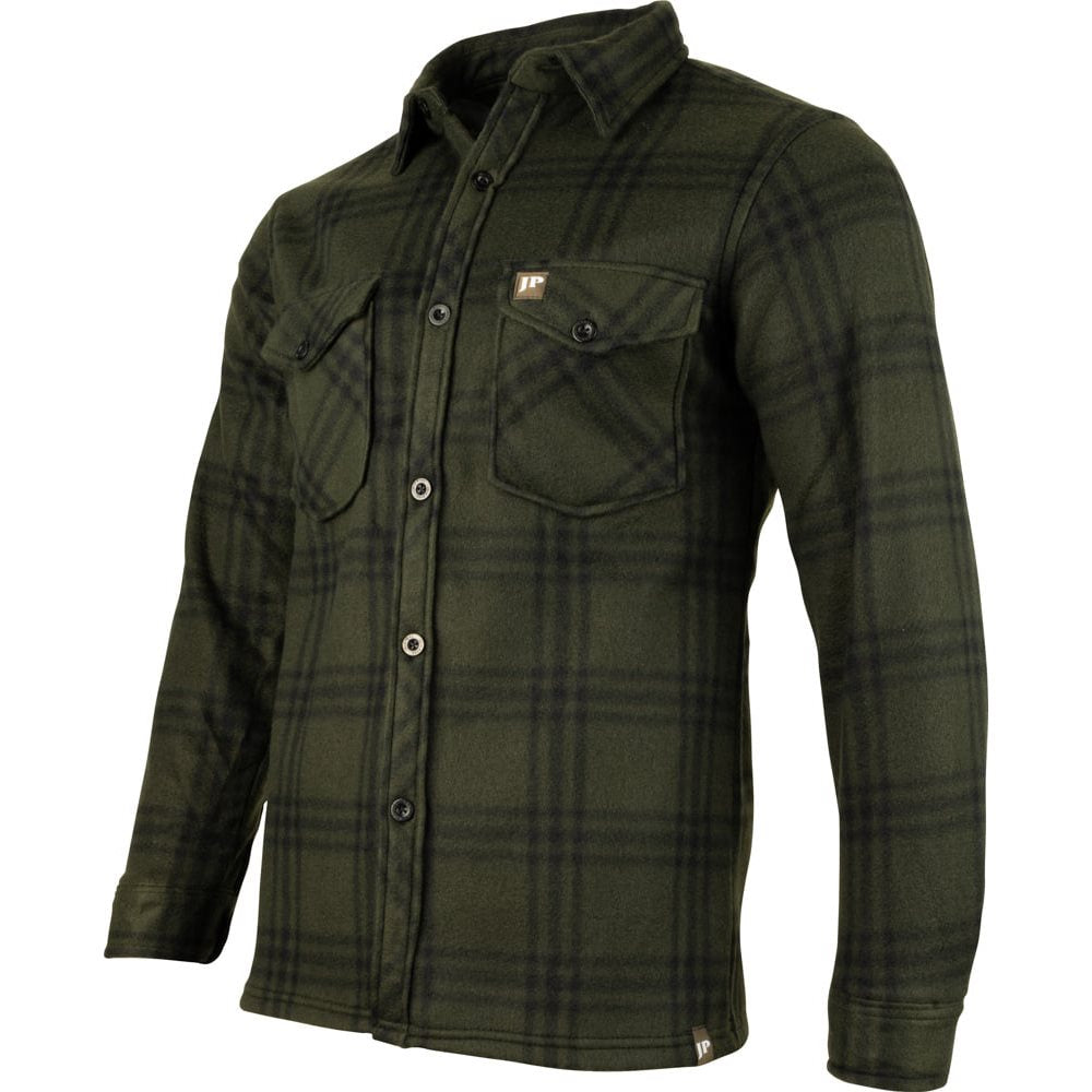 Camisa polar fleece verde a cuadros con cierre de botones y bolsillos de pecho