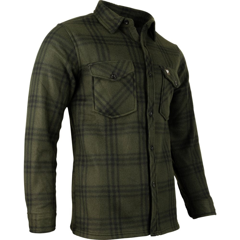Camisa polar fleece verde a cuadros con cierre de botones y bolsillos de pecho