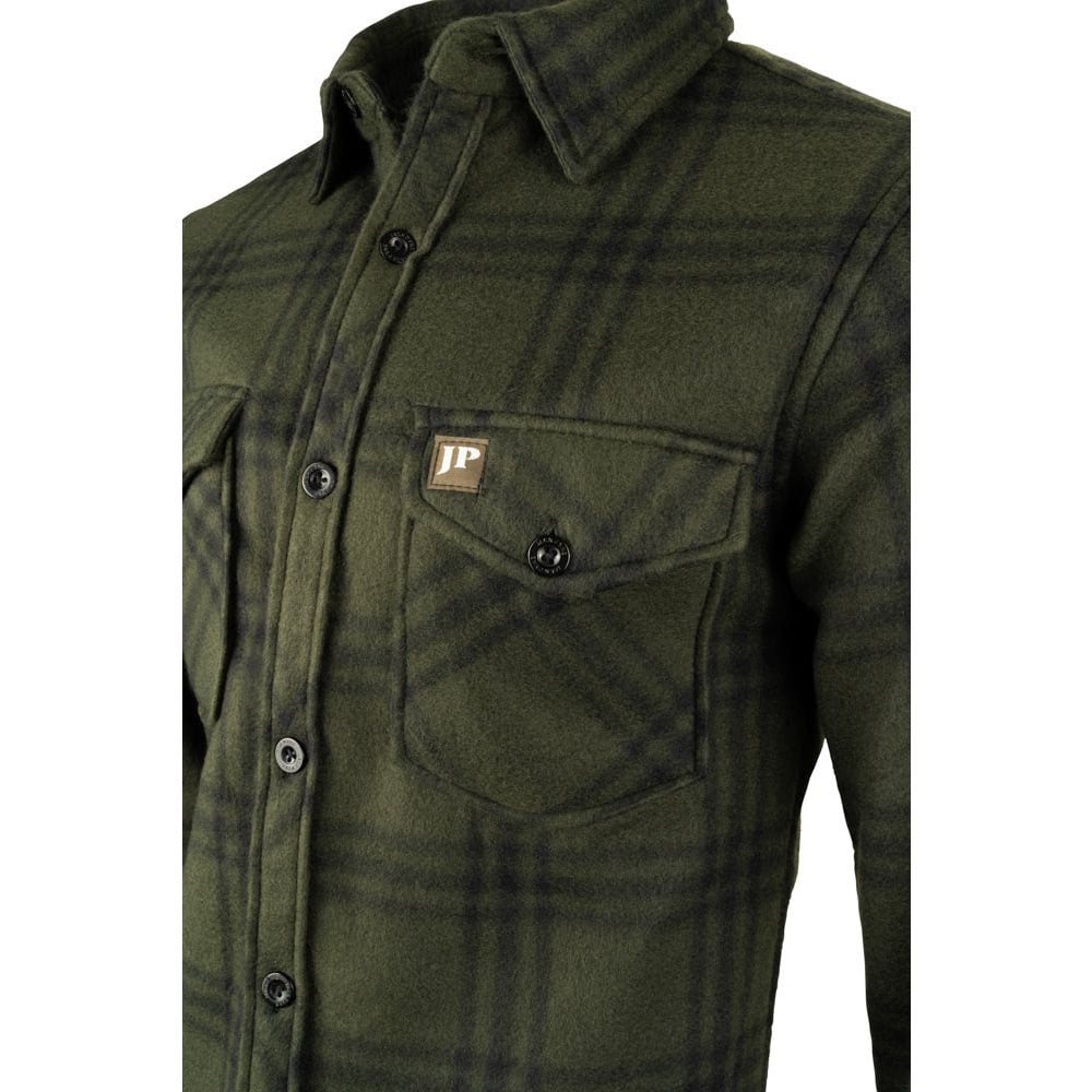 Camisa polar fleece verde a cuadros con cierre de botones y bolsillos de pecho