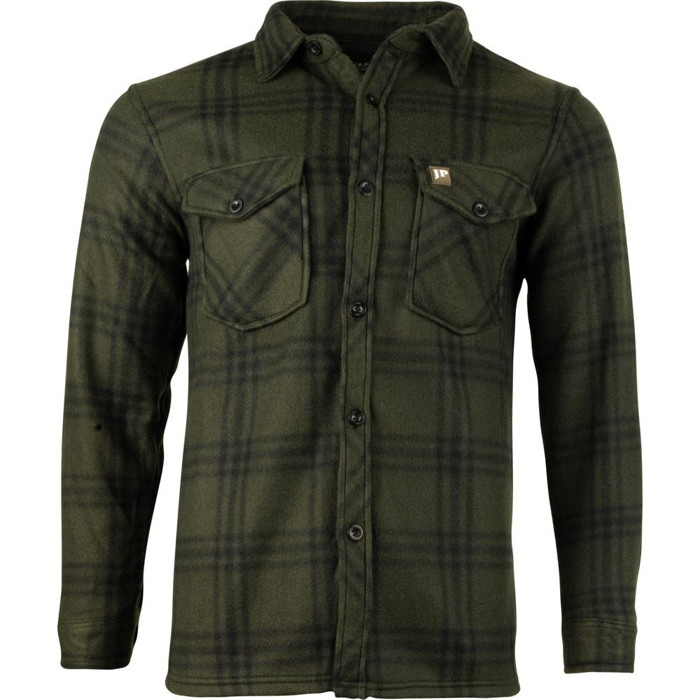 Camisa polar fleece verde a cuadros con cierre de botones y bolsillos de pecho