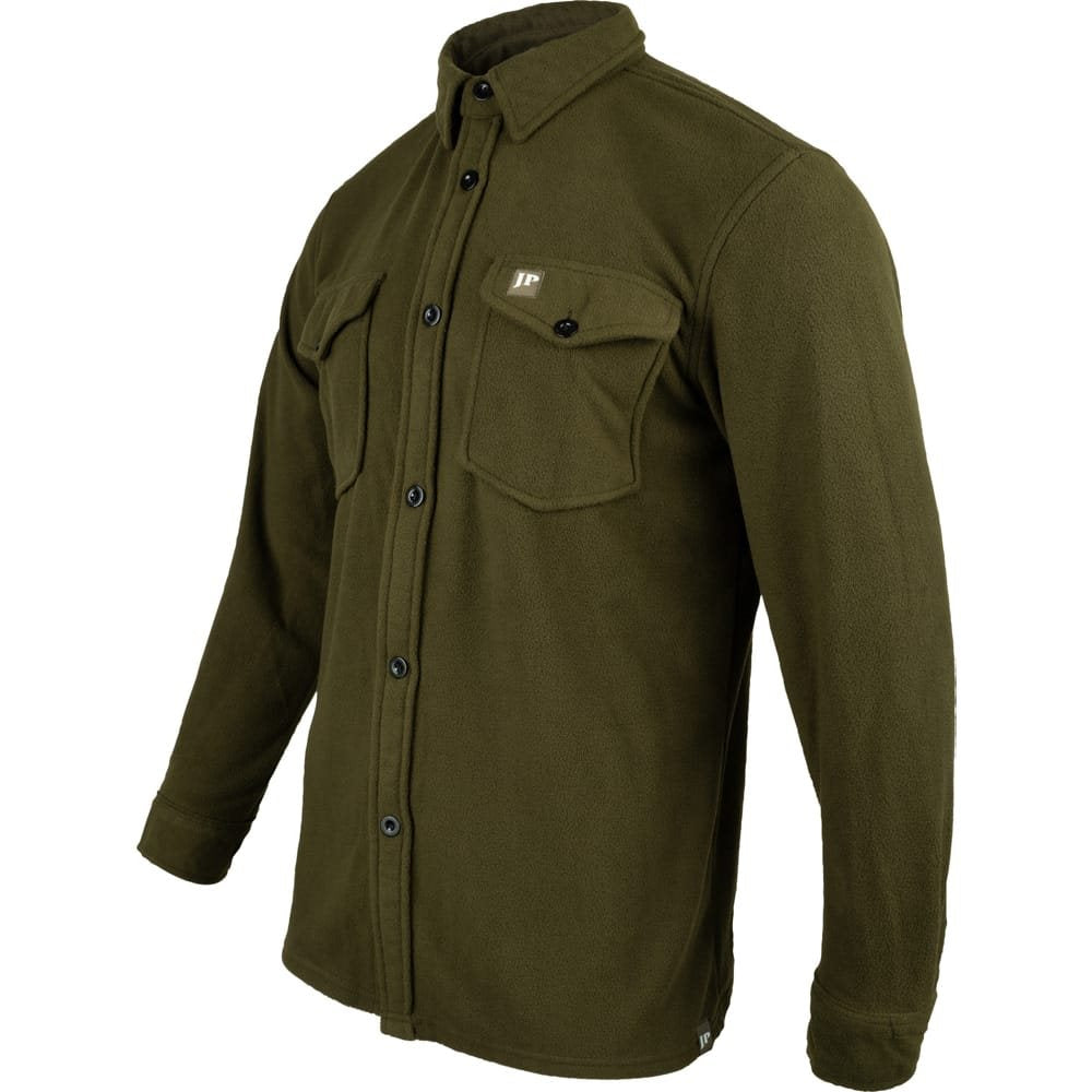 Camisa polar fleece verde oliva oscuro con botones, dos bolsillos en el pecho y puños ajustables
