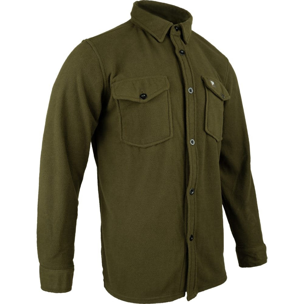 Camisa polar fleece verde oliva oscuro con botones, dos bolsillos en el pecho y puños ajustables