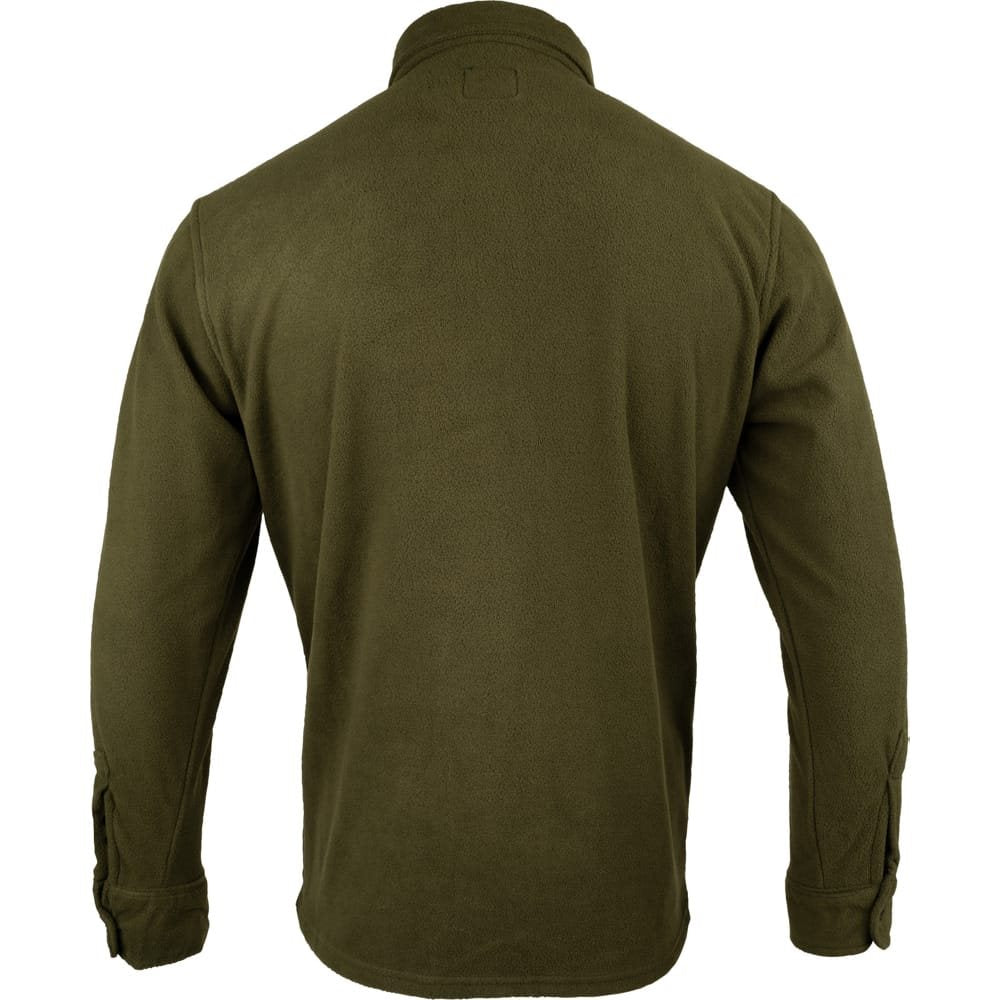 Camisa polar fleece verde oliva oscuro con botones, dos bolsillos en el pecho y puños ajustables