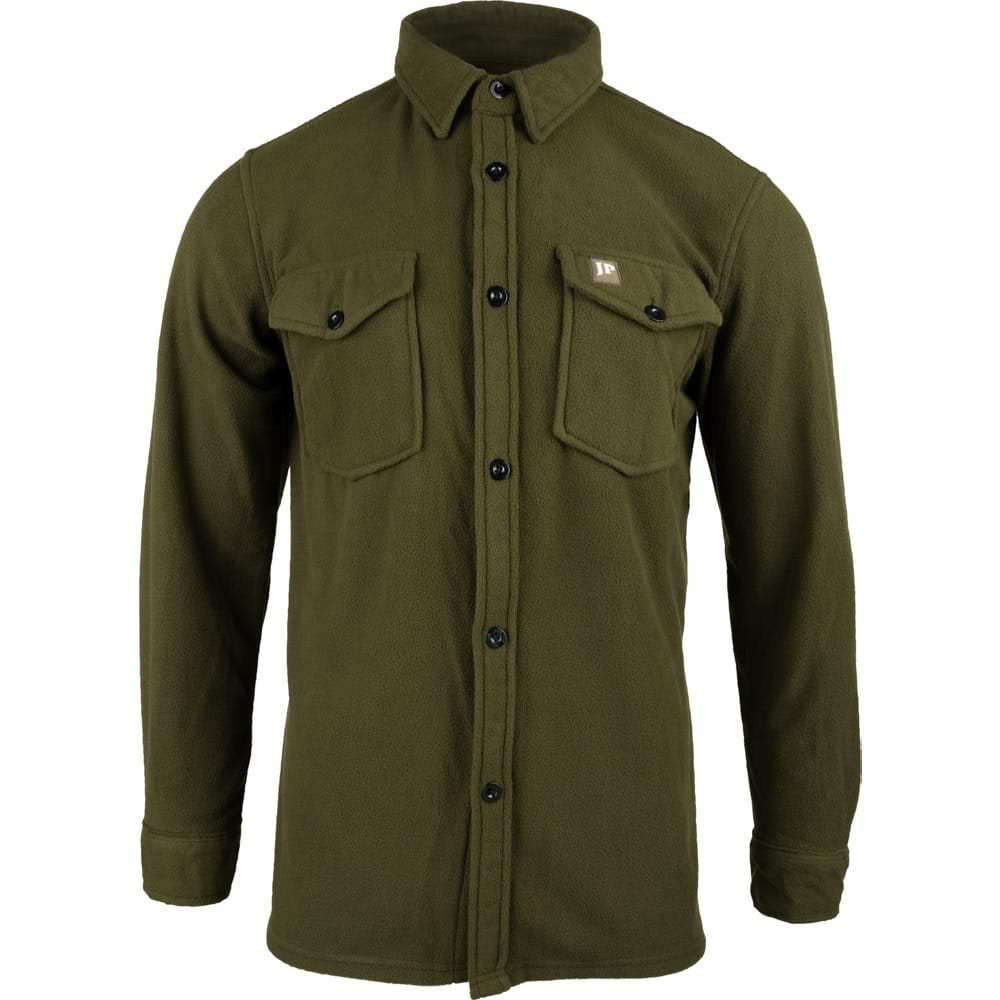 Camisa polar fleece verde oliva oscuro con botones, dos bolsillos en el pecho y puños ajustables