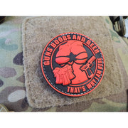 Parche 3D 'GUNS BOOBS AND BEER' plástico negro/rojo con velcro, diámetro aprox. 6 cm