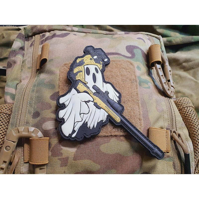 Parche Ghost Sniper de PVC flexible con velcro, aprox. 14,5 x 11,5 cm, brilla al iluminarse