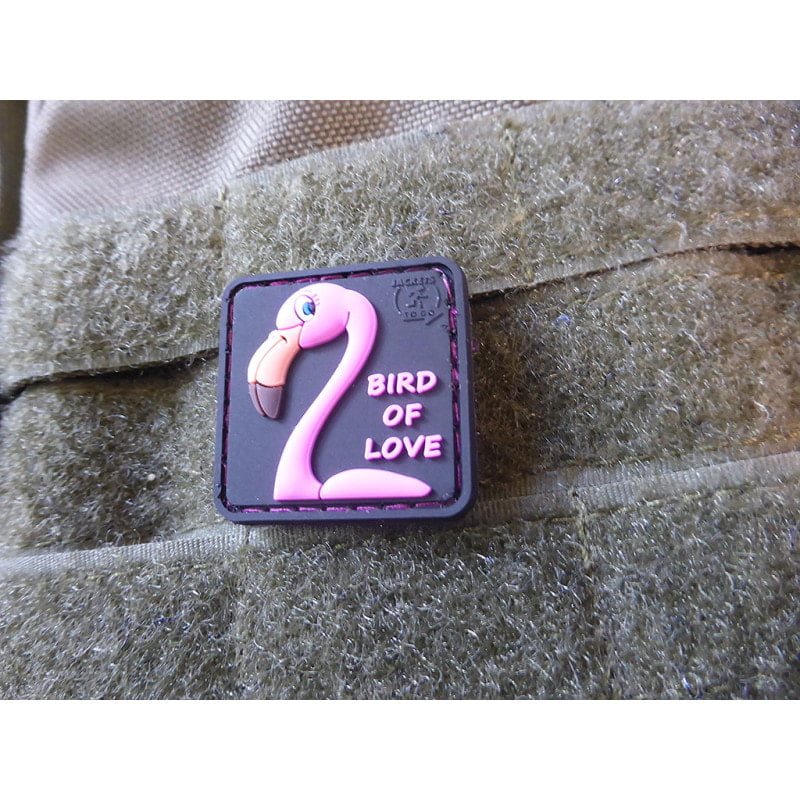 Parche Velcro plástico con flamenco y texto 'Bird of Love' 3x3 cm