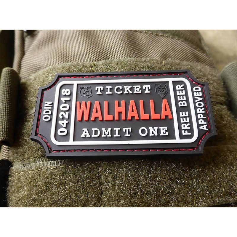 Parche 3D Walhalla Ticket Beer en velcro negro y blanco, tamaño aprox. 8 x 4 cm