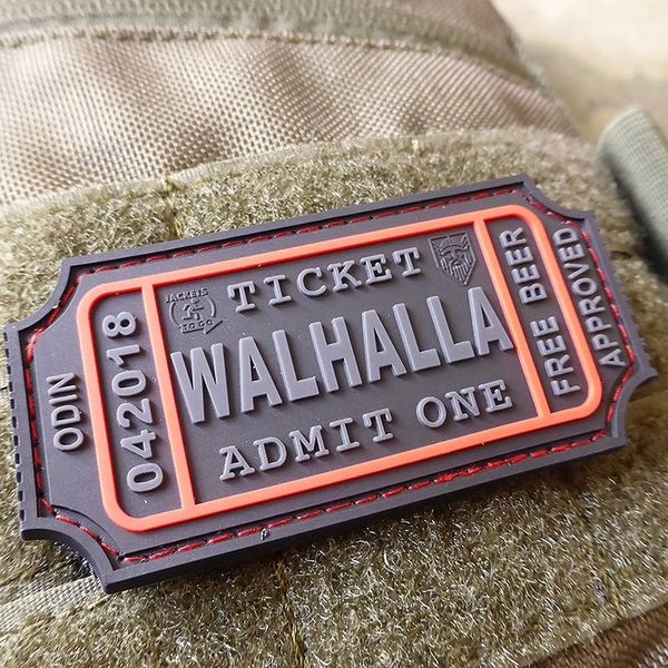 Parche 3D Walhalla Ticket Beer en velcro negro y blanco, tamaño aprox. 8 x 4 cm