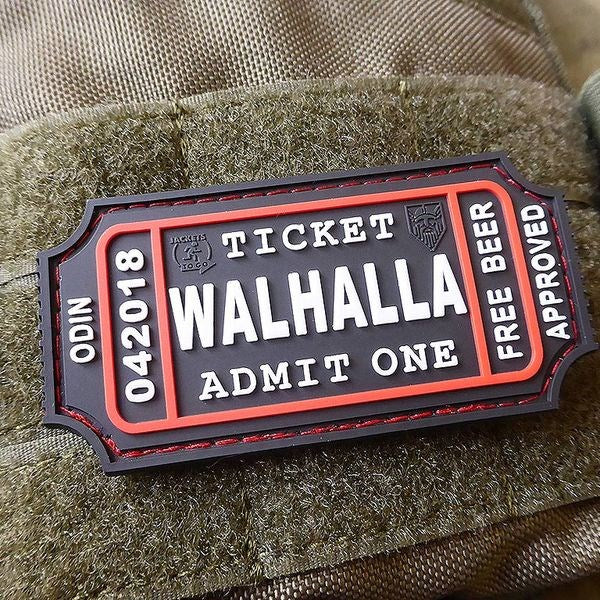 Parche 3D Walhalla Ticket Beer en velcro negro y blanco, tamaño aprox. 8 x 4 cm