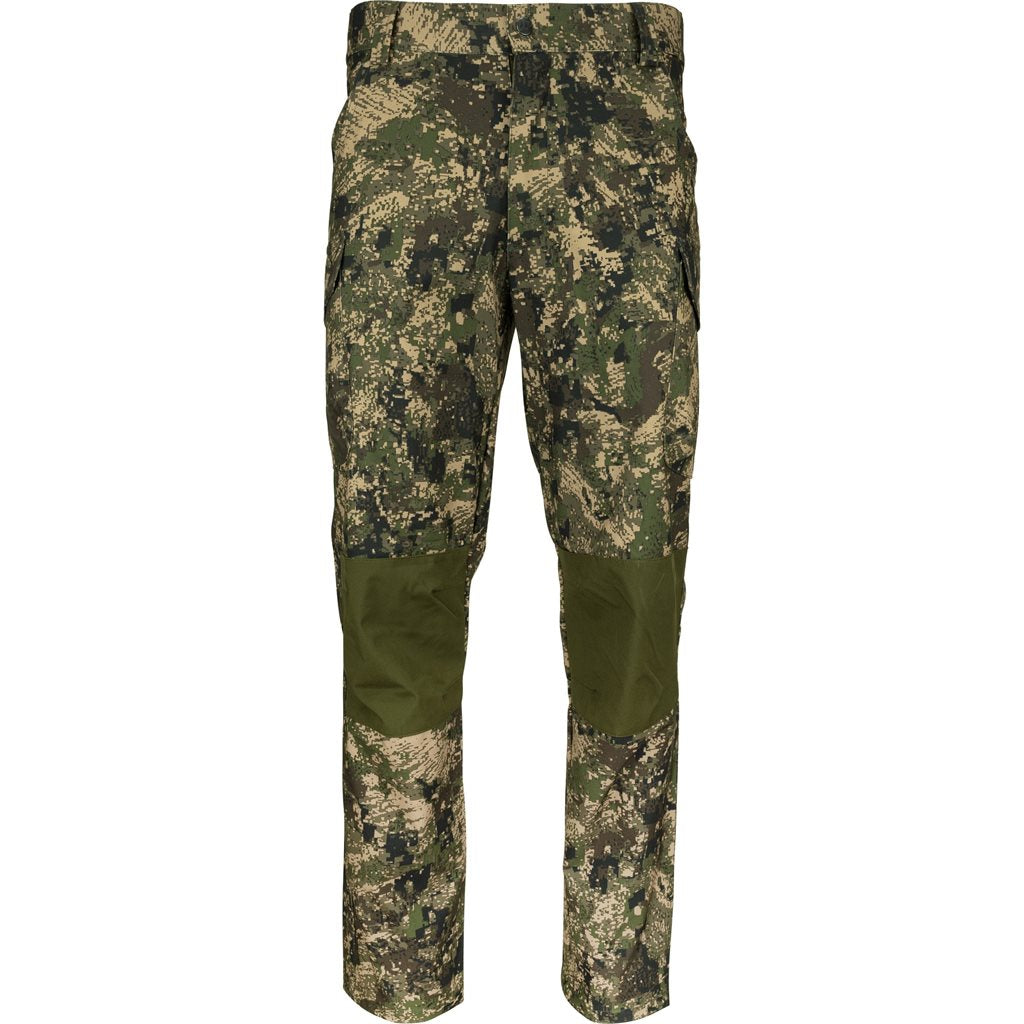 Pantalones softshell en camuflaje DIGICAM, rodillas verdes y seis bolsillos