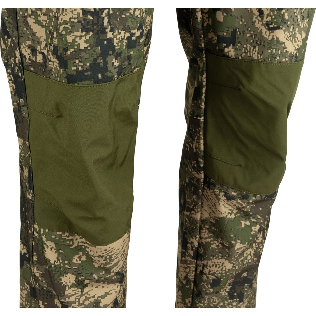 Pantalones softshell en camuflaje DIGICAM, rodillas verdes y seis bolsillos