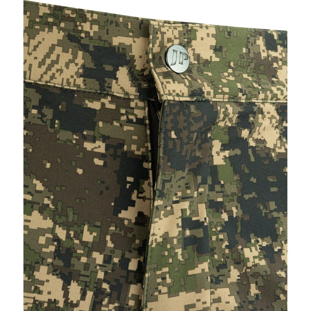Pantalones softshell en camuflaje DIGICAM, rodillas verdes y seis bolsillos