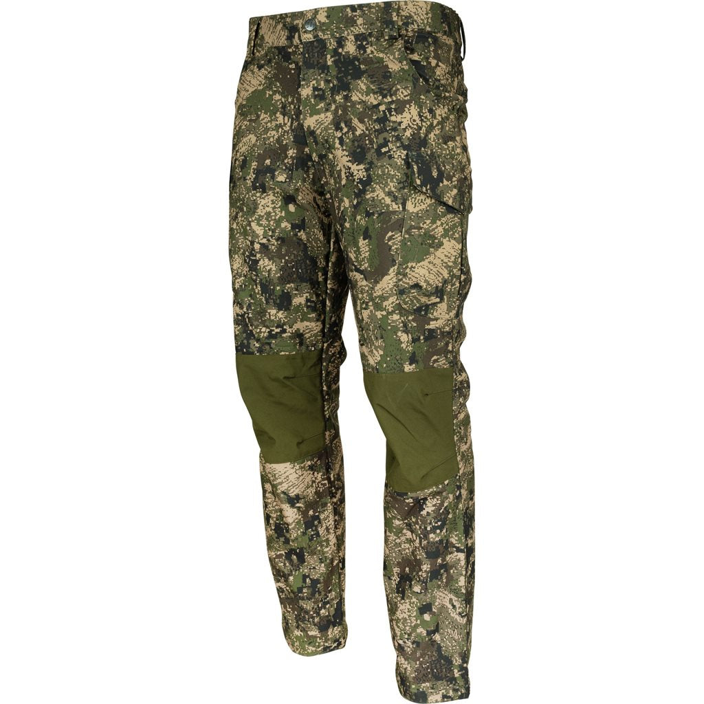 Pantalones softshell en camuflaje DIGICAM, rodillas verdes y seis bolsillos