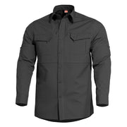 Camisa táctica PLATO negra, rip-stop, acabado Teflon DuPont, cierre de botones y cuatro bolsillos