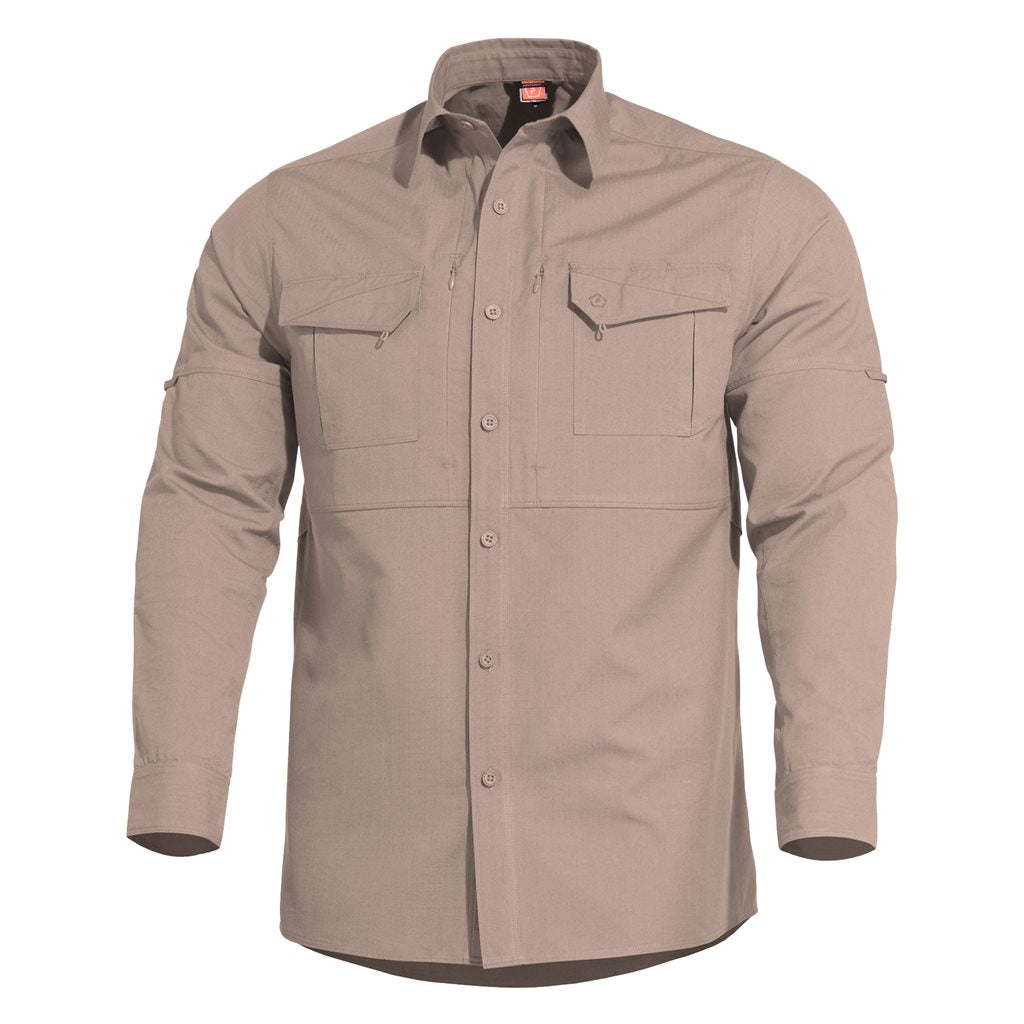 Camisa táctica PLATO Khaki Pentagon Tactical, rip-stop con acabado Teflon, cierre de botones y 4 bolsillos