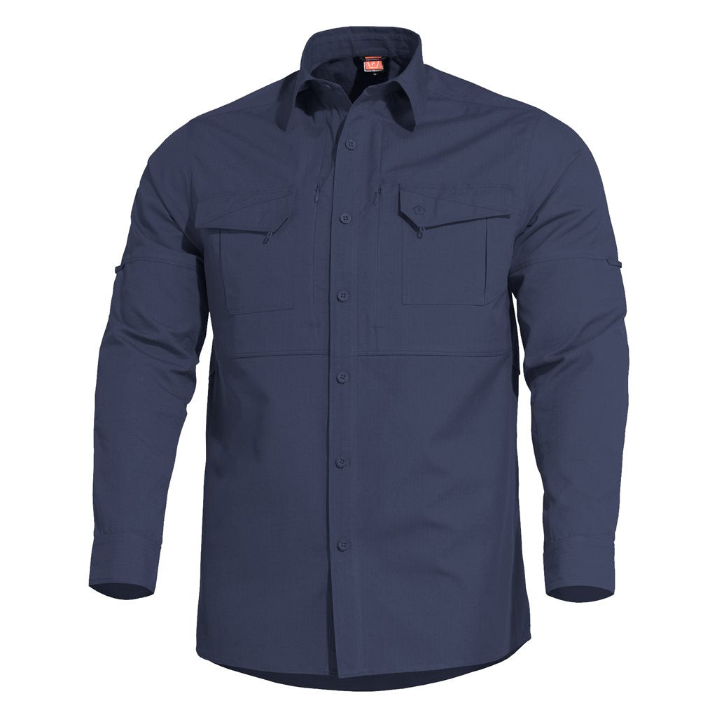 Camisa táctica PLATO Midnight Blue de PENTAGON TACTICAL en tejido rip-stop con acabado Teflon, cierre de botones y cuatro bolsillos